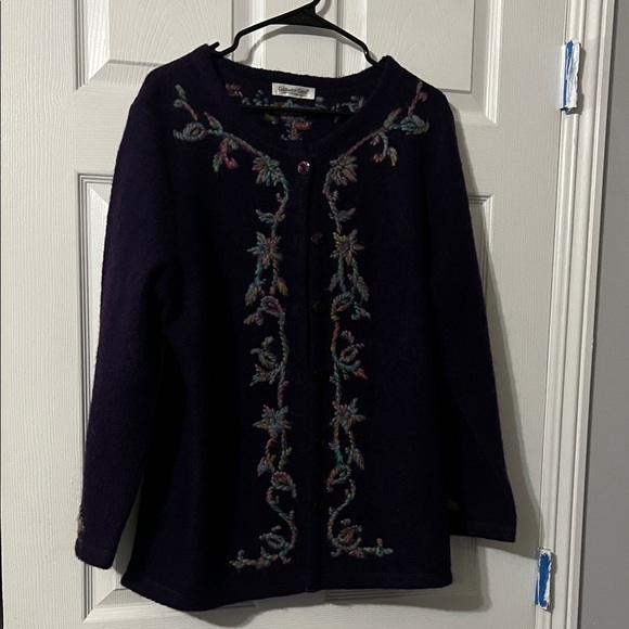 Coldwater Creek Sweaters - Coldwater creek Vintage 100%Wool Embroidered Dark Purple Cardigan Sweater